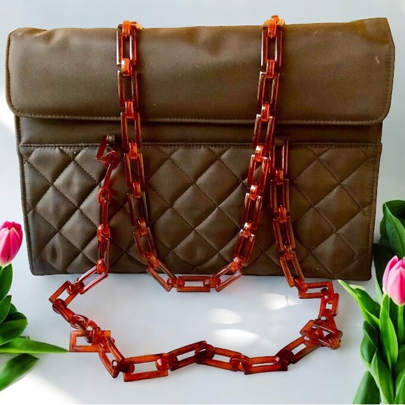 Vintage Brown Quilted Nylon Shoulder Handbag Plastic Chain Handles New - Picture 1 of 13